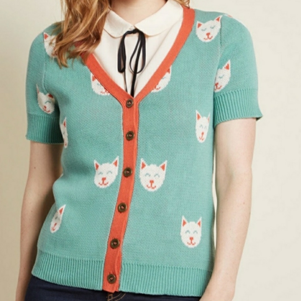 ModCloth Casually Cozy Short Sleeve Cat Cardigan